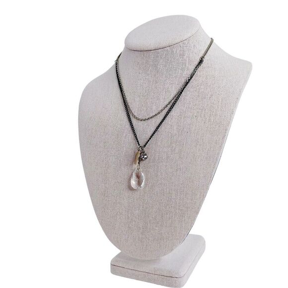 Vintage Double Stranded Chain Necklace Clear Rhinestone Pendant Boho Bohemian - Picture 2 of 2